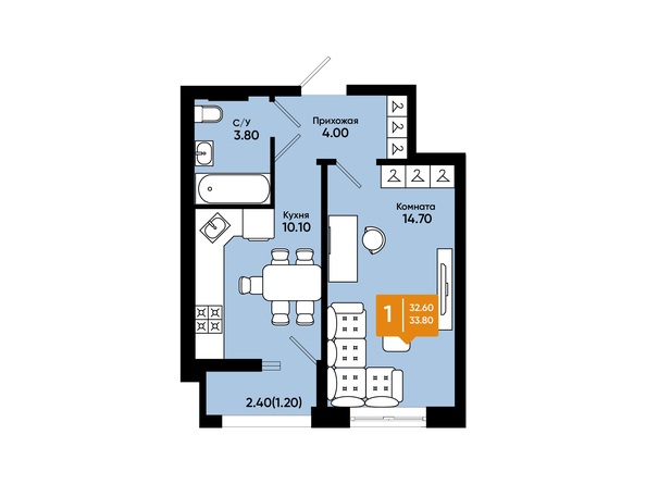 Планировка 1-комн 33,8 м²
