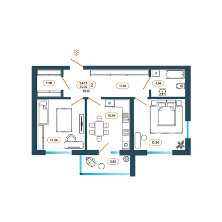 Планировка 2-комн 58,15 м²