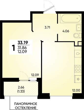 Планировка 1-комн 33,19 м²