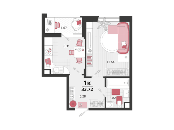 Планировка 1-комн 33,72 м²