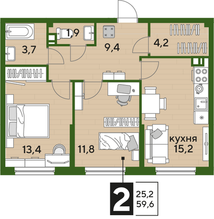 Планировка 2-комн 59,6 м²