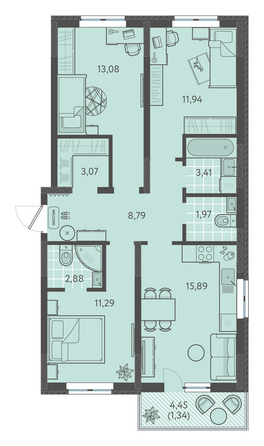 Планировка 3-комн 72,55 - 74,55 м²