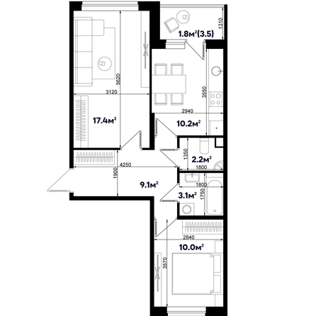 Планировка 2-комн 53,8 м²