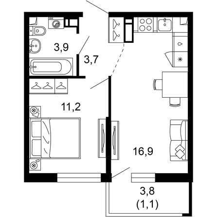 Планировка 1-комн 36,8 м²