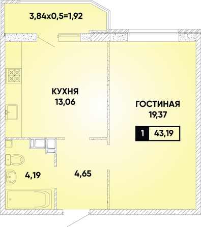 Планировка 1-комн 43,19 м²