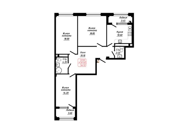 Планировка 3-комн 94,55 м²