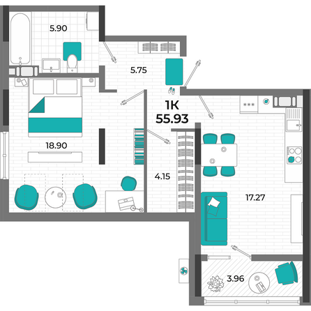 Планировка 1-комн 55,93 м²
