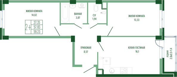 Планировка 2-комн 59,23 м²