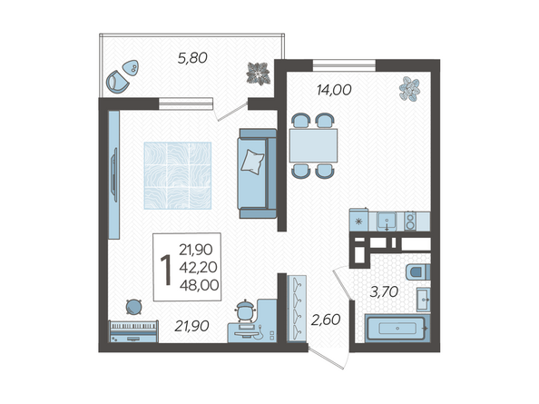 Планировка 1-комн 48 м²
