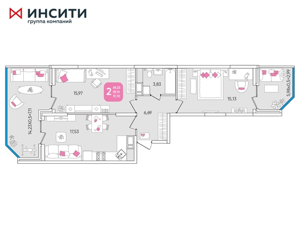 Планировка 2-комн 69,16 м²