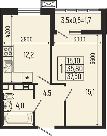 Планировка 1-комн 37,5 м²