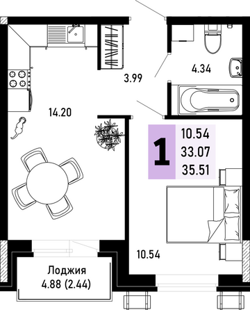 Планировка 1-комн 35,51 м²