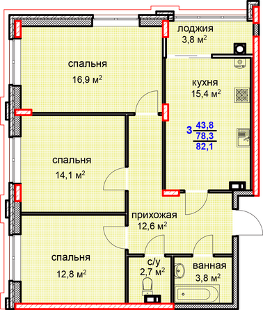 Планировка 3-комн 82,1 м²