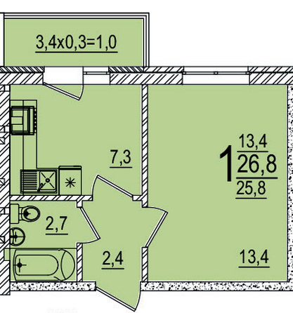 Планировка 1-комн 26,8 м²
