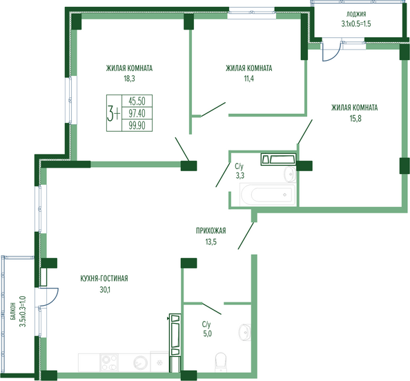 Планировка 3-комн 99,9 м²