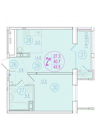 Планировка 2-комн 43,5, 44,2 м²