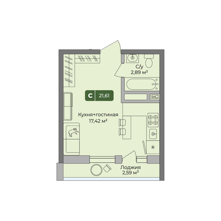 Планировка Студия 21,61 м²