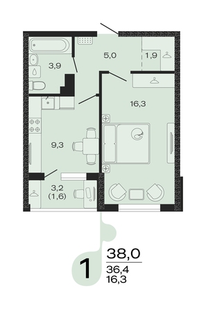 Планировка 1-комн 38 м²