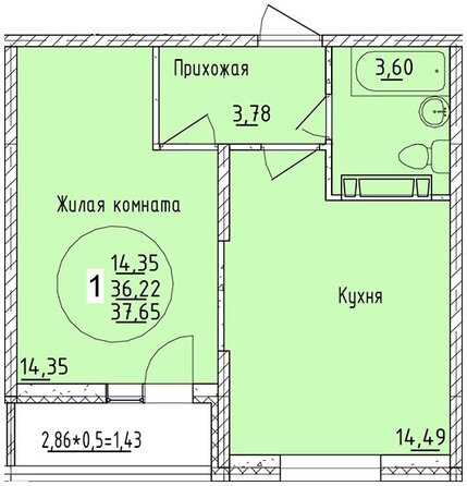 Планировка 1-комн 37,65 м²