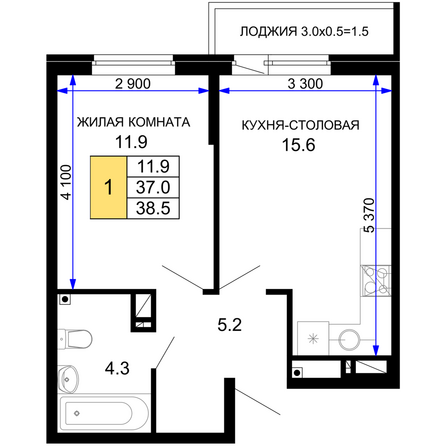 Планировка 1-комн 38,5 м²