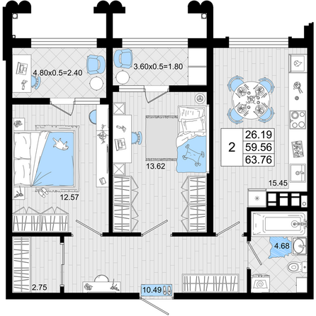 Планировка 2-комн 63,76 м²