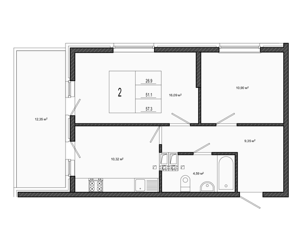 Планировка 2-комн 51,1 м²
