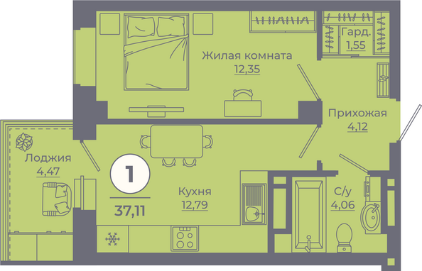 Планировка 1-комн 36,8 - 37,31 м²