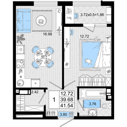 Планировка 1-комн 41,54 м²