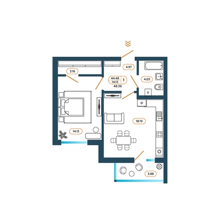 Планировка 1-комн 48,36 м²