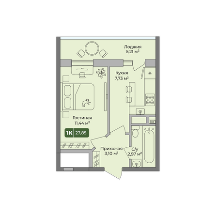 Планировка 1-комн 27,85 м²