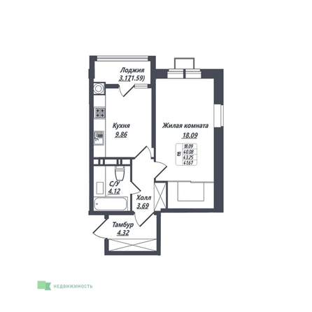Планировка 1-комн 41,67 м²