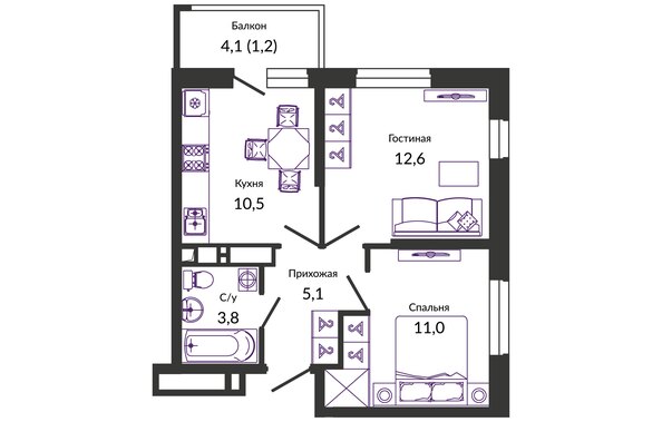Планировка 2-комн 44,2 м²