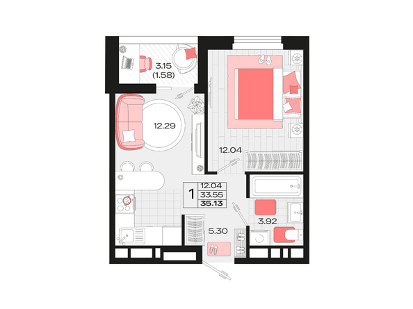 Планировка 1-комн 35,13 м²