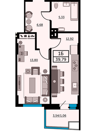 Планировка 1-комн 38,59 м²