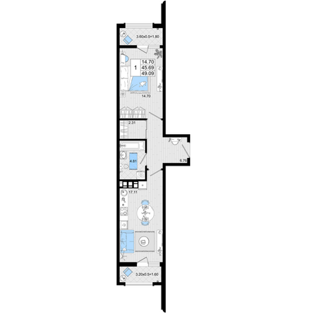 Планировка 1-комн 49,09 м²