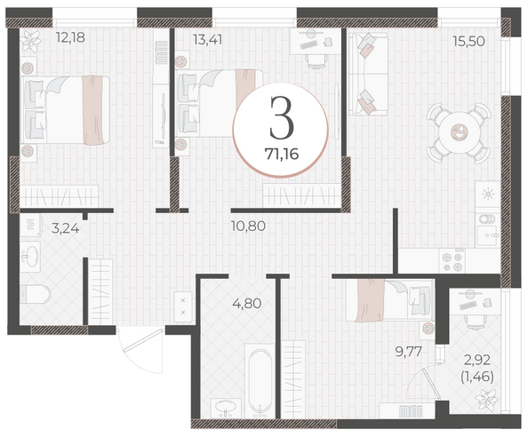 Планировка 3-комн 71,16 м²