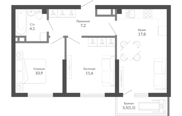 Планировка 2-комн 52,7 м²