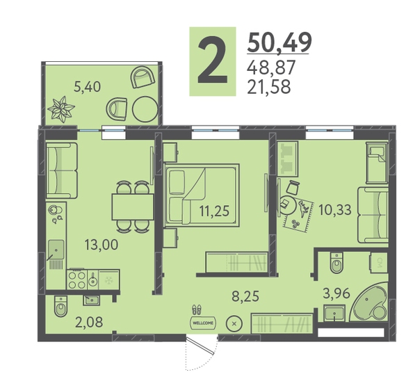 Планировка 2-комн 50,49 м²