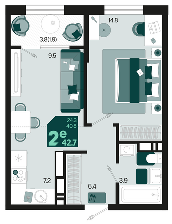 Планировка 2-комн 42,7 м²