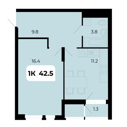 Планировка 1-комн 42,5 м²