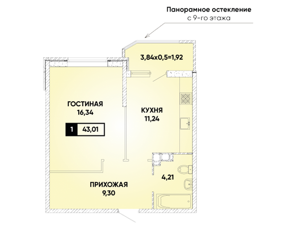 Планировка 1-комн 43,01 м²