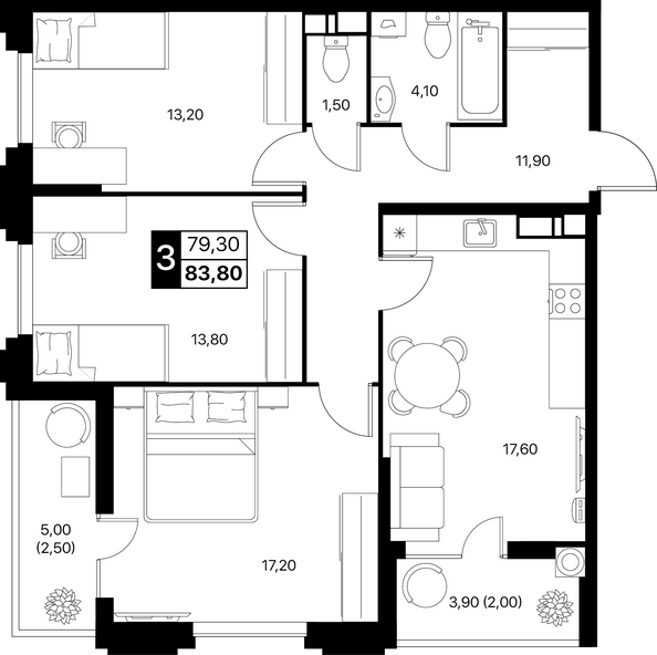 Планировка 3-комн 83,8, 83,9 м²