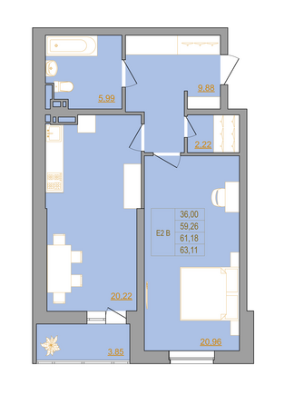 Планировка 2-комн 62,62 м²