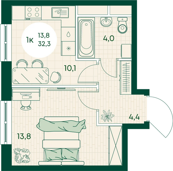 Планировка 1-комн 32,3 м²