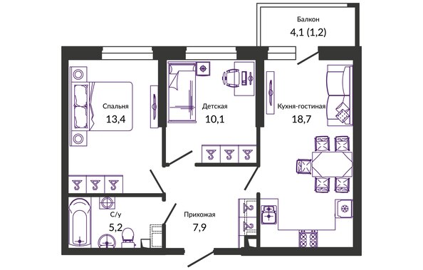 Планировка 2-комн 56,5 м²