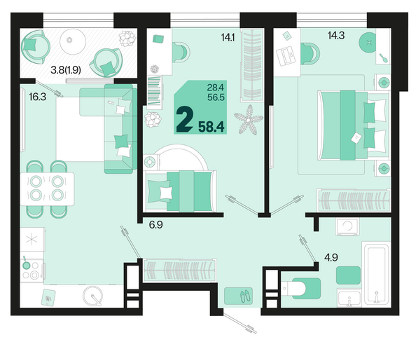 Планировка 2-комн 58,4 м²