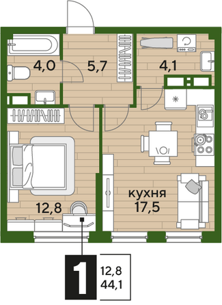 Планировка 1-комн 44,1 м²