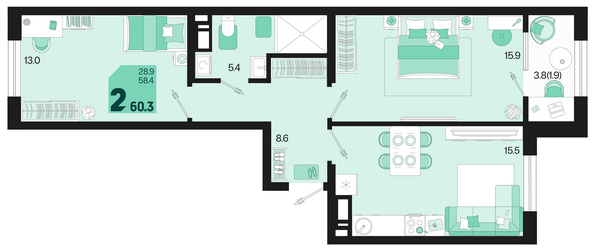 Планировка 2-комн 60,3 м²