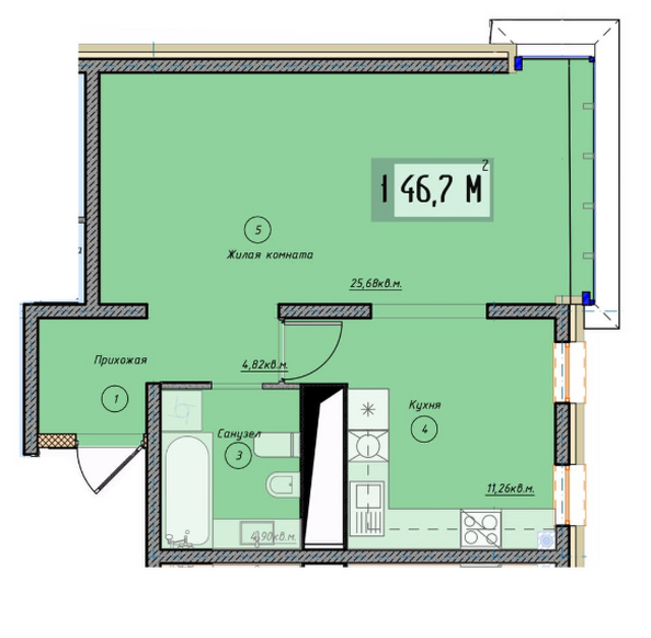 Планировка 1-комн 46,7 м²