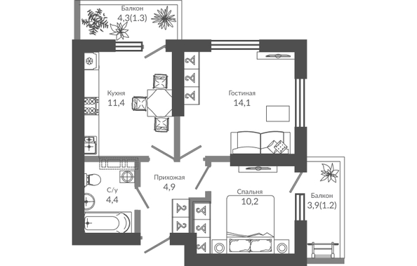 Планировка 2-комн 47,5 м²